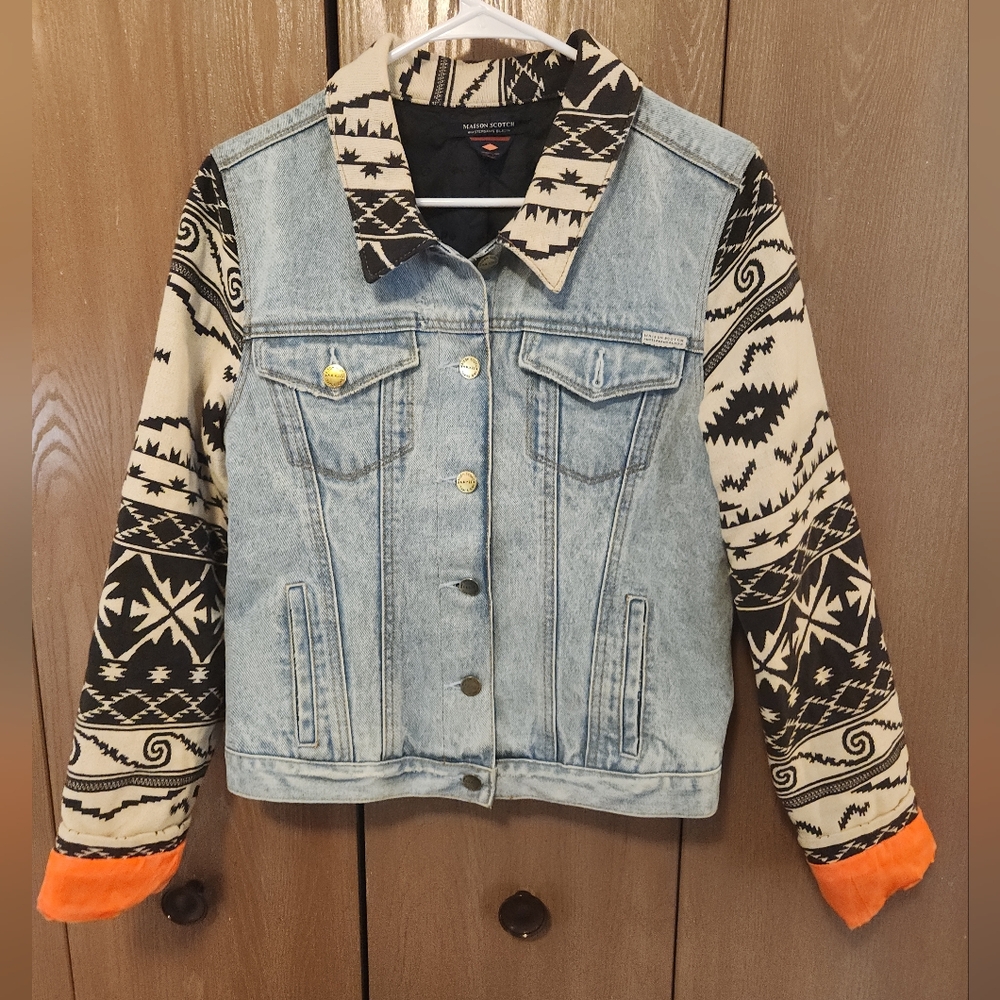 Maison Scotch & Soda Denim Jacket w Aztec Print Sleeve Sz 4 ASO Tegan Quin